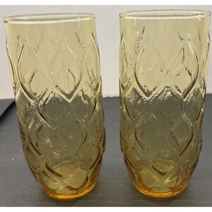 Set of 2 Amber Pressed Glass Leaf Pattern Textured Large Size 7" Glass Excellent